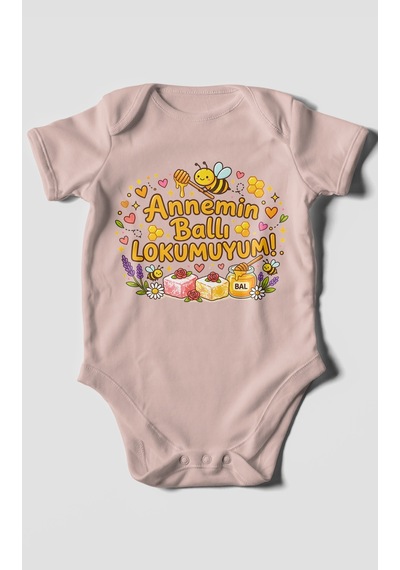 Morivokids Annemin Ballı Lokumuyum Kısa Kollu Bebek Body %100 Pamuk Pastel Pembe