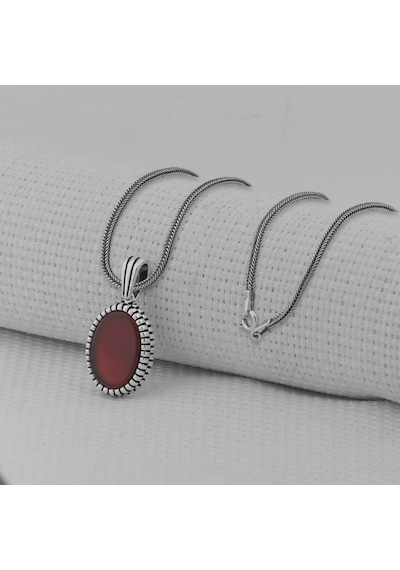 Takıhan Kırmızı Akik Taşlı Oval 925 Ayar Erkek Gümüş Kolye