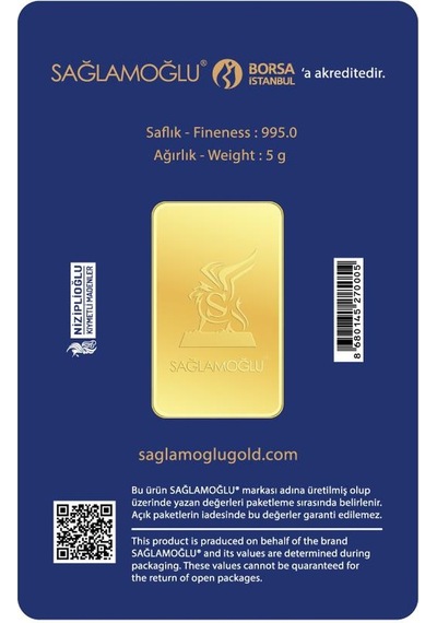 5 Gram Külçe Altın 24 Ayar 995,0 / 999,9 Saflık Rafineri Ambalajlı, Seri Numaralı
