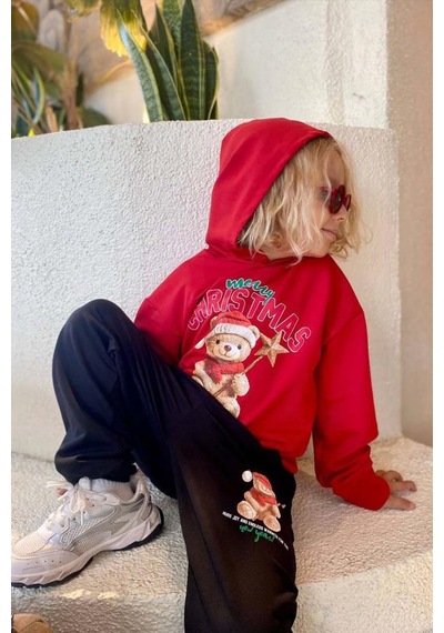 Riccotarz Kız Erkek Çocuk Üzerinde Ayıcık Ve Merry Christmas Yazı Baskılı Kazak Kırmızı Eşofman Takım Kırmızı Riccotarz Kız Erkek Çocuk Üzerinde Ayıcık Ve Merry Christmas Yazı Baskılı Kazak Kırmızı Eşofman Takım Kırmızı