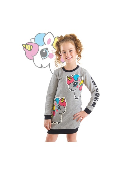 Denokids Unicorn Kız Çocuk Sweat Elbise - Gri