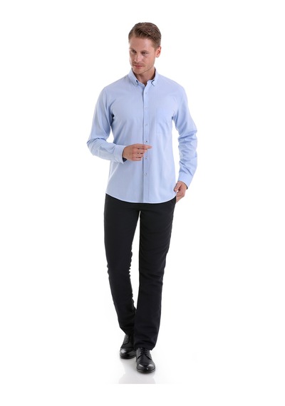 Hatemoğlu Mavi Comfort Fit Düz 100% Pamuk Düğmeli Yaka Uzun Kollu Casual Ox Mavi