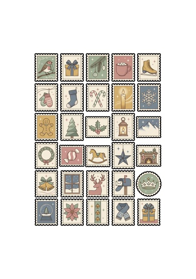 30 Adet Retro Yılbaşı Posta Pulu Sticker Seti - Ajanda Scrapbook Defter İçin Vintage Paket Çok Renkli