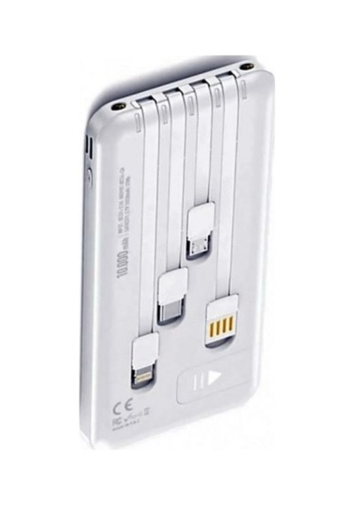 10.000 Mah Powerbank Dahili Çoklu Kablolu Taşınabilir Şarj Aleti Led Işıklı Güç Bankası Beyaz