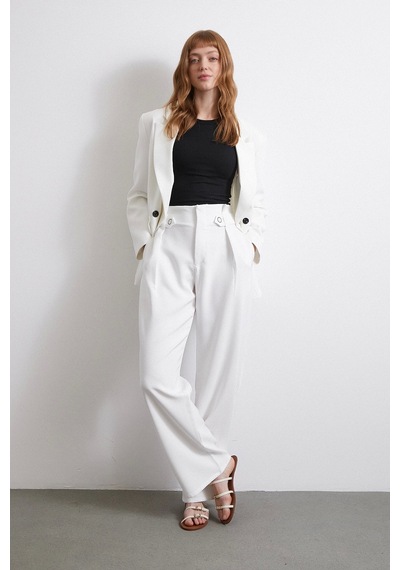 Never More Bel Detaylı Wide Leg Pantolon Ekru Ekru