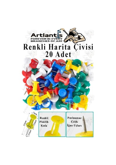 Harita Çivisi Renkli 20 Li 1 Paket Plastik Mantar Pano Raptiyesi Pano İğnesi Ofis Okul Büro Harita Çivisi