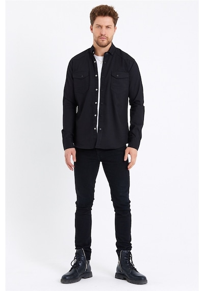 Cool Tarz Erkek Siyah Çift Cepli Çıt Çıt Düğmeli Slim Fit Kot Gömlek-tcktgmlkr01s Siyah Siyah