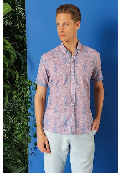 Efor Slim Fit Düğmeli Yaka Desenli Kısa Kol Pamuk Lila Gömlek G 1499 Lila