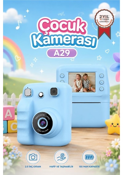 Dijital Fotoğraf Makineleri Çocuk Termal Resim Kağıt Baskılı Yazıcı Kamera Video Makinesi A29 Mavi