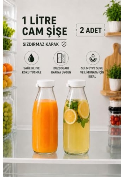2 Adet Beyaz Plastik Kapaklı 1 Litre Şeffaf Sürahi Süt, Ayran, Su, Limonata Meşrubat Şişesi Cam Şişe