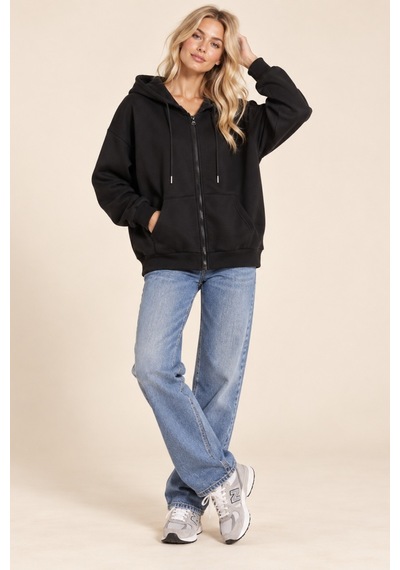 Cool Tarz Unisex Oversize Fermuarlı Kapüşonlu Sweatshirt 3 İplik Şardonlu Siyah Siyah