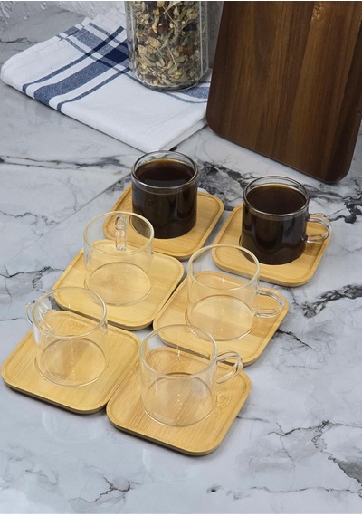 6lı Kahve Fincan Takımı - Bambu Tabaklı Kahve Fincan Seti - 12 Parça - 100 Ml Şeffaf