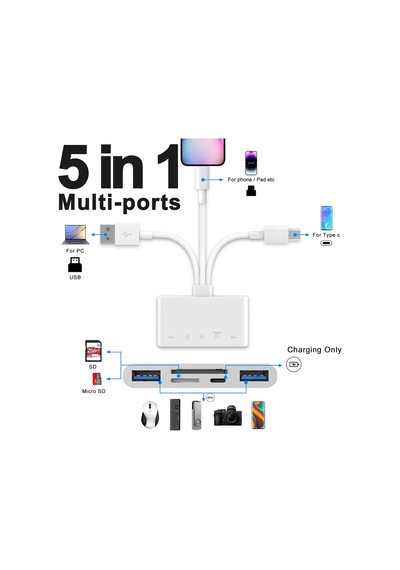 Tr 5'i 1 Arada Bellek Kartı Okuyucu, Usb Otg Adaptörü Ve Sd Kart Okuyucu, İ-phone/i-pad, Usb C Ve Usb A Cihazları İ