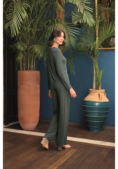 Aria's Closet Arias Closet Uzun Kollu Önü Düğmeli V Yaka Pijama Takımı Yeşil
