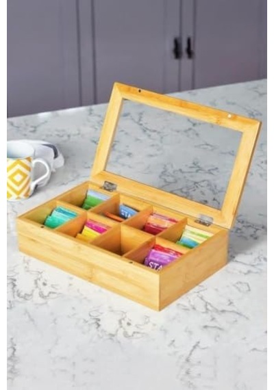 Bambu Çay Kutusu 8 Bölmeli Kapaklı Bitki Çayı Saklama Kabı Kahverengi - Mg-001
