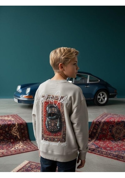 Zekids Erkek Çocuk Sırtı Araba Baskılı Tasarım Sweatshirt-16619 Gri