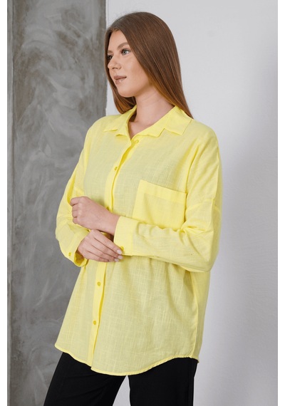 Paw Garage Kadın London Keten Tek Cepli Oversize Gömlek, Premium Kalite Keten Gömlek Sarı