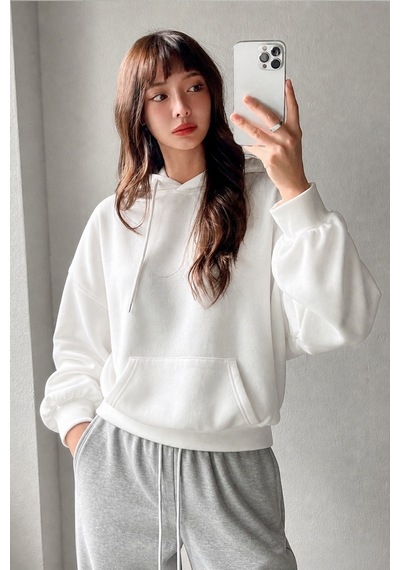 Cool Tarz Kadın Oversize Hoodie Sweatshirt Kapüşonlu Kanguru Cepli Beyaz Beyaz