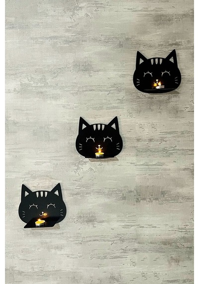 Dekoratif Kedi Duvar Rafı 3 Lü Set 20 Cm Duvar Mumluğu Siyah
