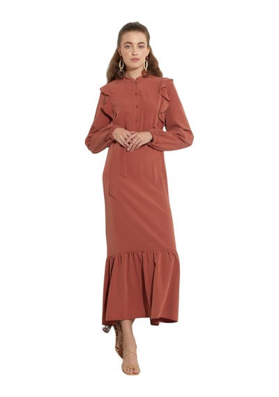 Kayra Farbalalı Katlı Elbise Kay.vv-a23-93005 Kiremit