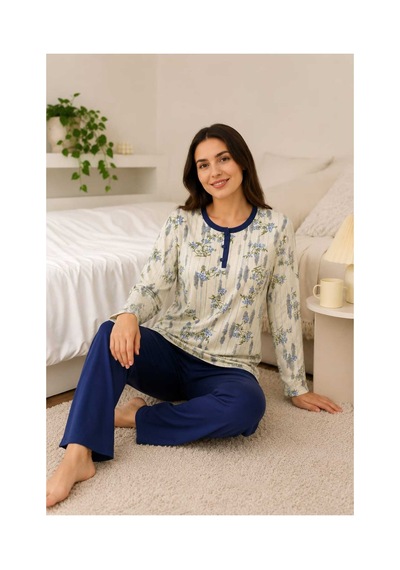 Tenra Rahat Kalıp Çiçek Desenli Kadın Pijama Takımı %100 Pamuk Lacivert