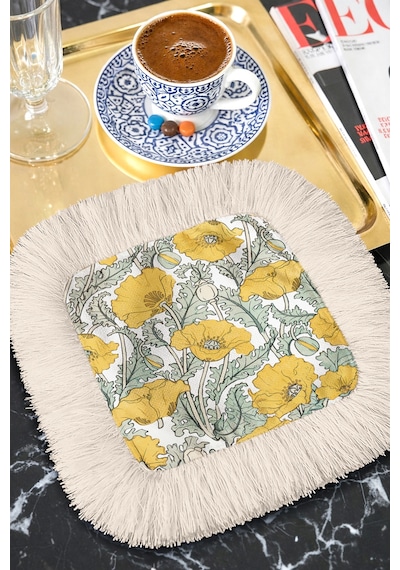 Vintage Papatya Bahçesi Saçaklı Kahve Yanı Servis Peçetesi - Sarı Çiçekli Bohem Krem Sunum Mendili