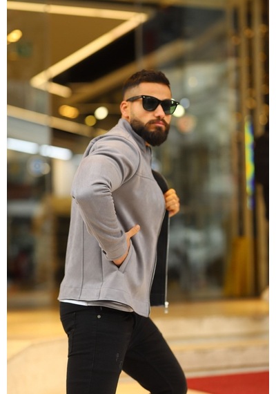 Premium Örme Triko Kol Dik Yaka Süet Ceket Gri