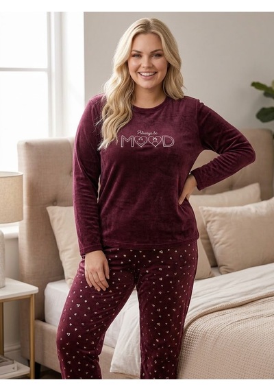 Büyük Beden Likralı Yumuşak Dokulu Uzun Kollu Kadife Pijama Takımı Bordo