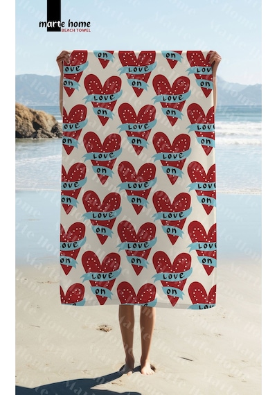 Marte Home Love Kalp Baskılı Plaj Havlusu Bej