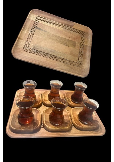 Doğal Ahşap Kare Tepsi Ve 6 Adet Kare Çay Tabağı Seti Çok Renkli