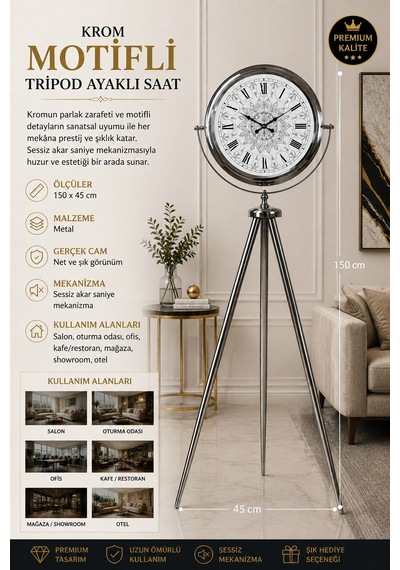 Krom Motifli 150 X 45 Cm Metal Tripod Ayaklı Saat