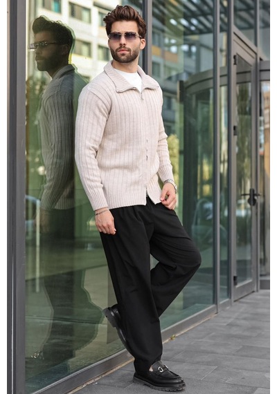 Madmext Taş Rengi Çift Fermuarlı Slim Fit Çizgili Erkek Triko Hırka E7522