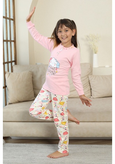 Miniğimin Cicileri Bulut Baskılı Düğmeli Kız Çocuk Pijama Tak... Pembe