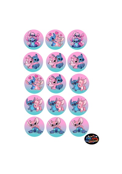 Stitch & Angel Tatlı Uyum Sticker Seti 15 Adet Pembe Mavi Yuvarlak Laptop Ve Defter Çıkartması