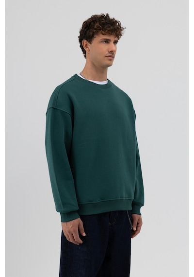 Vamos Basic Bisiklet Yaka Oversize Sweatshirt Nefti Yeşil