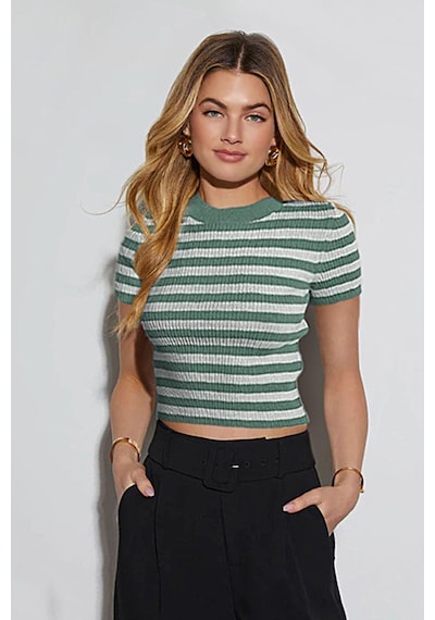 Aqe Fashion Kadın Çizgili Kısa Kol Bisiklet Yaka Camel Bluz Mint