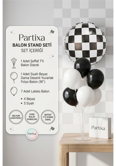 Siyah Beyaz Dama Desenli Yuvarlak Balon Stand Seti Şeffaf 7 Li Stand + Dama Folyo Balon 18 + 7 Lateks Balon Beyaz - Siyah