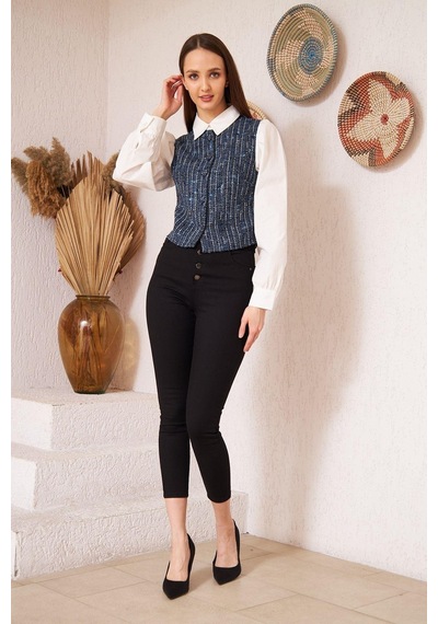 Darlin Moda Mavi Tüvit Garnili Uzun Kollu Gömlek Dm9001 Mavi