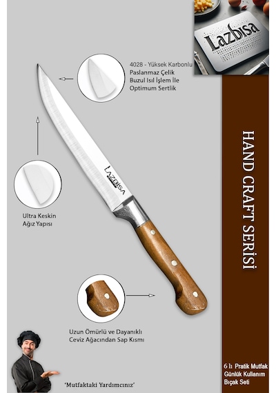 Lazbisa Mtf-048 Hand Craft Mutfak Bıçak Seti Et Ekmek Sebze Meyve Doğrama Bıçağı 6 Lı Günlük Kullanım Kırmızı