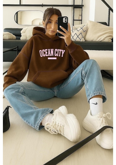 Benroma 3 İplik Penye Ocean Cıty Baskılı Sweatshırt Kahverengi