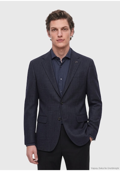 Ramsey Lacivert Mikro Regular Fit İpek Karışımlı Ceket
