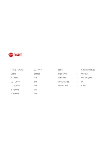 SAKURA EO18060 Yağ Filtresi Nissan Xtrail 11- Qashqai 1.6 DCI 14- Master III Movano 2.3 DCI Trafic III 1.6 DCI Vito 109 110 Cdı 14-