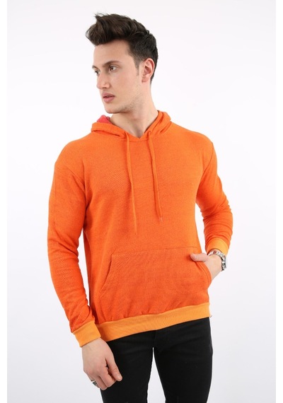 Modish İki İplik Kapşonlu Kanguru Cepli Erkek Günlük Sweatshirt Turuncu