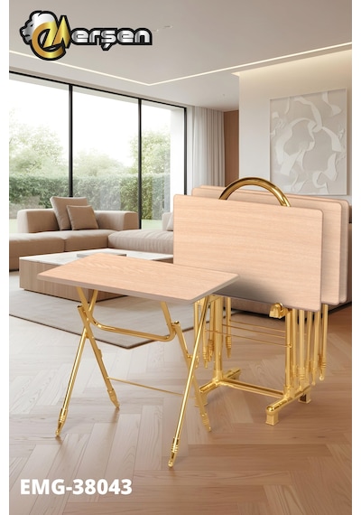Eranş Serisi 4'lü Katlanır Mdf Mebran Ahşap Çanta Zigon Sehpa Gold Ayak Krem Ahşap Desen Gold Ayak