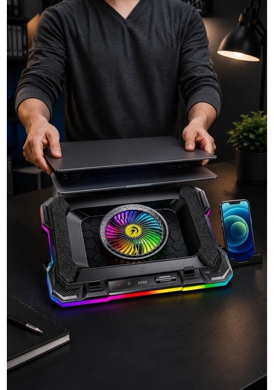 Laptop Soğutucu Ayarlanabilir Rgb Dizüstü Bilgisayar Soğutma Fanı Cf07 Siyah