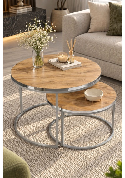 Sulorahome Gümüş Metal Ayaklı Ceviz Desenli 2'li Yuvarlak Orta Sehpa Seti