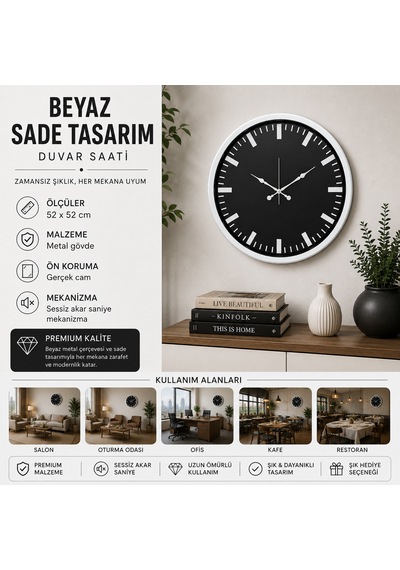 Beyaz Sade Tasarım 52 X 52 Cm Duvar Saati