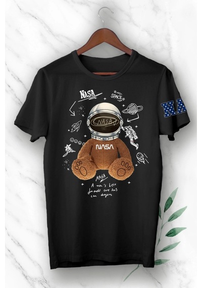 Tarzsokak Teddy Bear Nasa Tasarım Baskılı Siyah Tişört Beyaz