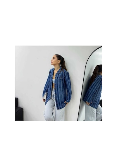 Kene Jeans Çizgili Boyfriend Tam Kalıp Ceket Mavi