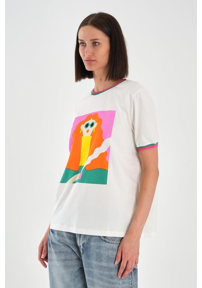 Alexandergardı Yaka Ve Kol Detaylı Baskılı Kadın T-shirt Beyaz